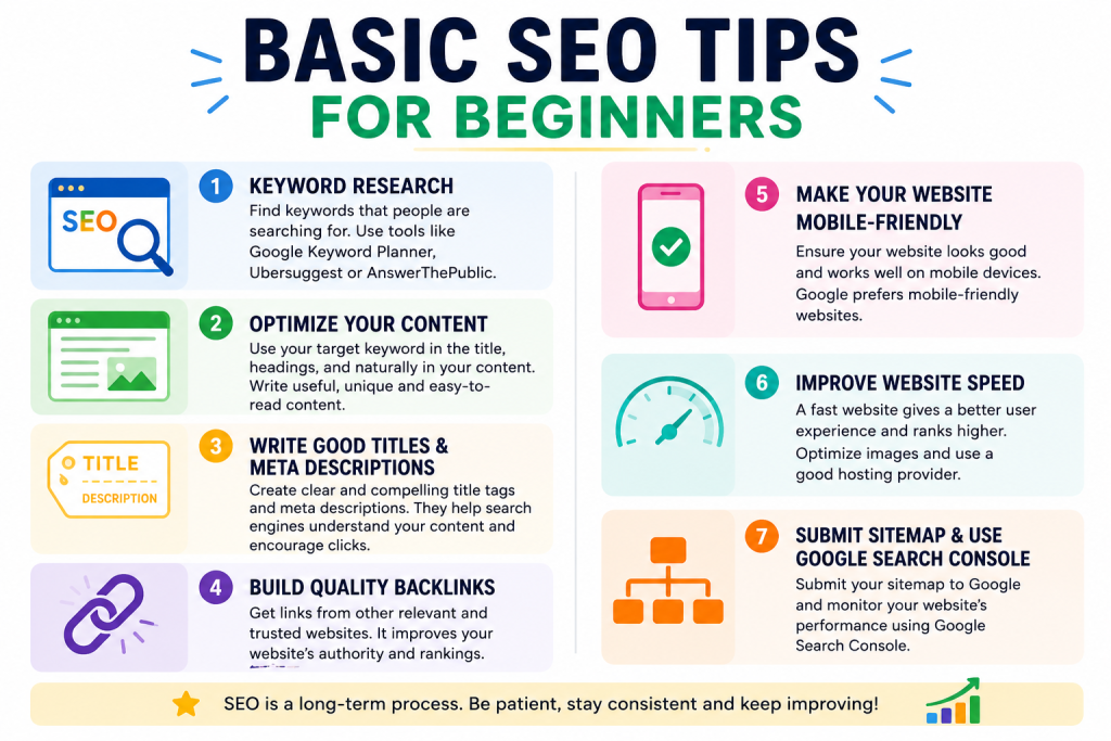 Colorful infographic titled ‘Basic SEO Tips for Beginners’ showing seven beginner SEO strategies including keyword research, content optimization, meta descriptions, backlinks, mobile-friendly design, website speed, and Google Search Console with matching icons and pastel sections