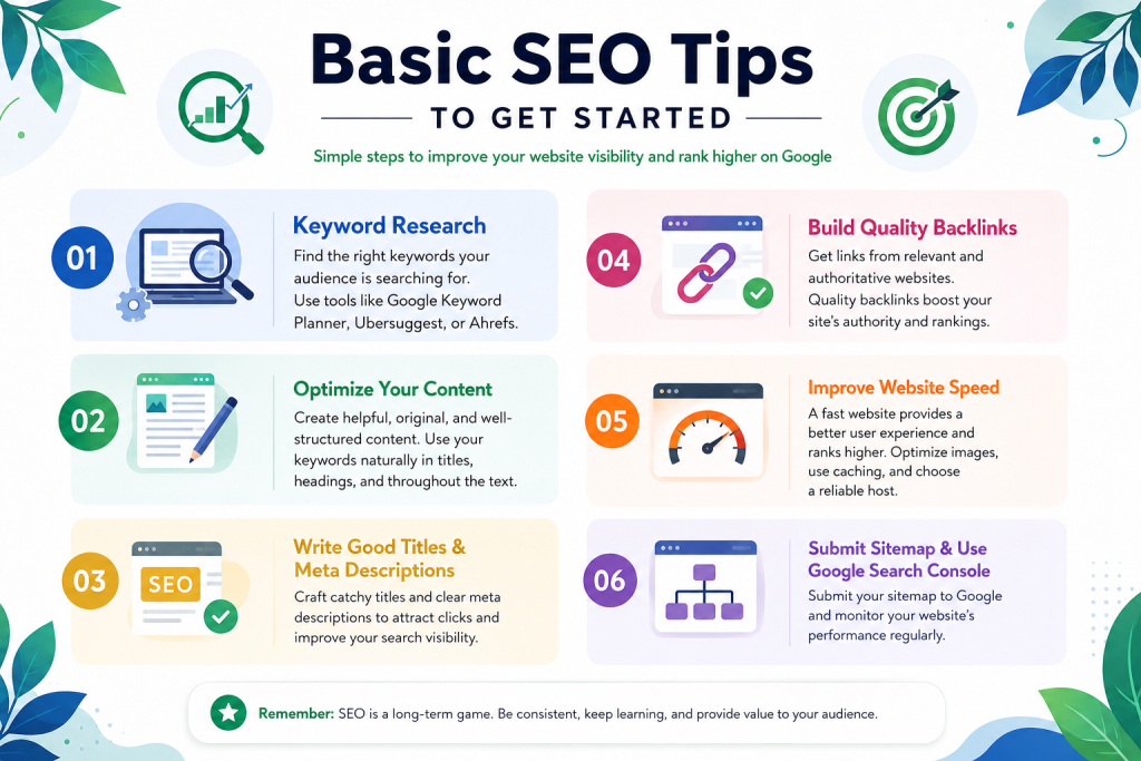 Infographic showing basic SEO tips for beginners including keyword research, content optimization, titles and meta descriptions, backlinks, mobile friendliness, website speed, and Google Search Console.
