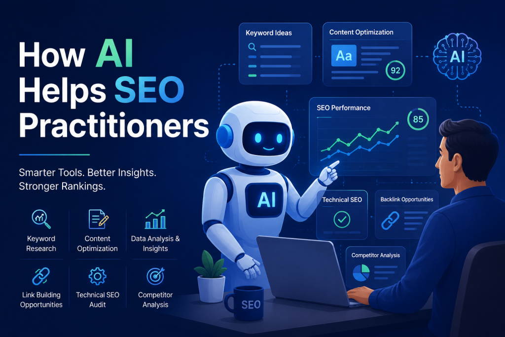How AI Helps SEO Practitioners by automating technical SEO audits, identifying backlink opportunities, and providing data-driven insights through an interactive AI interface.