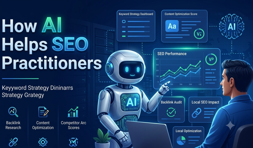 An AI robot and a digital marketer analyzing data charts to optimize search engine optimization strategies.