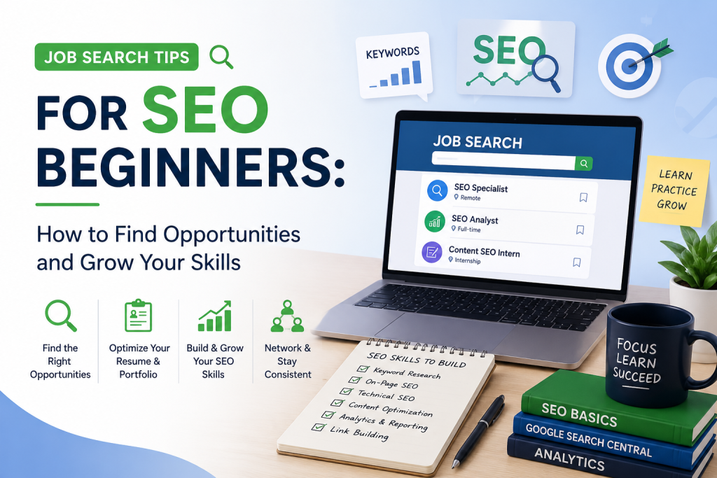 Job search tips for SEO beginners with laptop, notebook, and SEO learning tool.