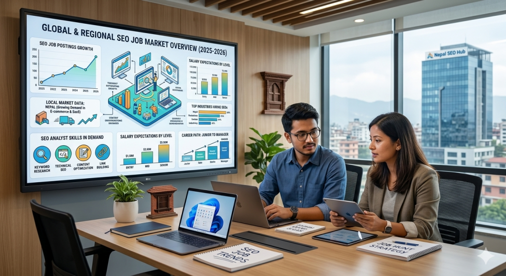 Two SEO professionals analyzing a digital dashboard titled "Global & Regional SEO Job Market Overview (2025-2026)" featuring growth charts, salary expectations, and market data for Nepal.