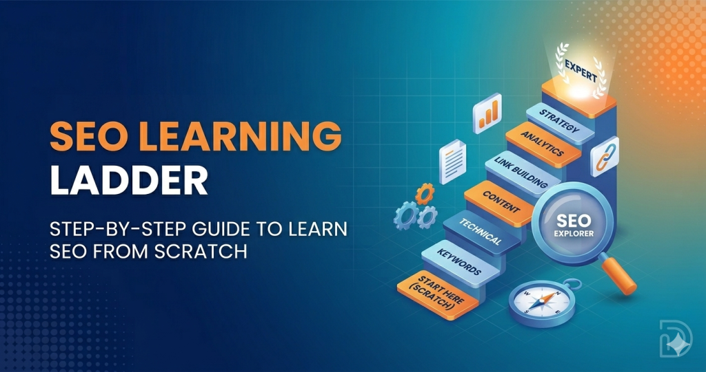 SEO learning ladder illustration showing a step-by-step guide to learning SEO from scratch, including keywords, technical SEO, content, link building, analytics, strategy, and expert levels.