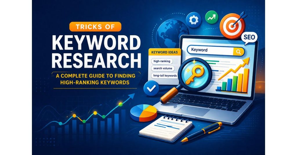Keyword research tricks: Practical tips for finding high-ranking SEO terms, showing data charts, a laptop, and a growth graph.