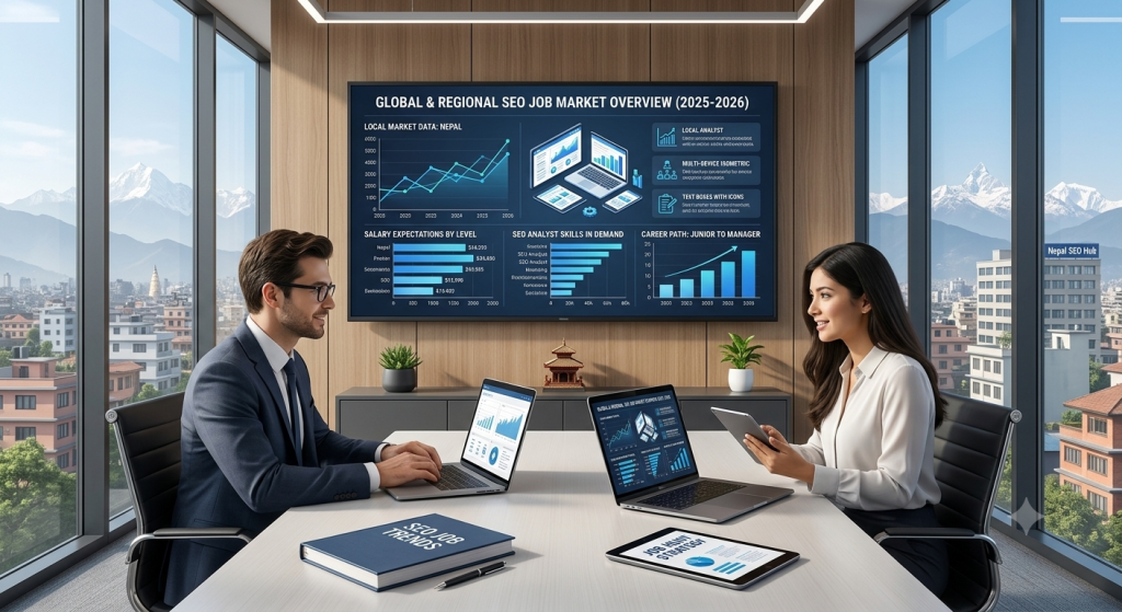 Two SEO professionals in a modern office analyzing global SEO job market trends on a large screen.