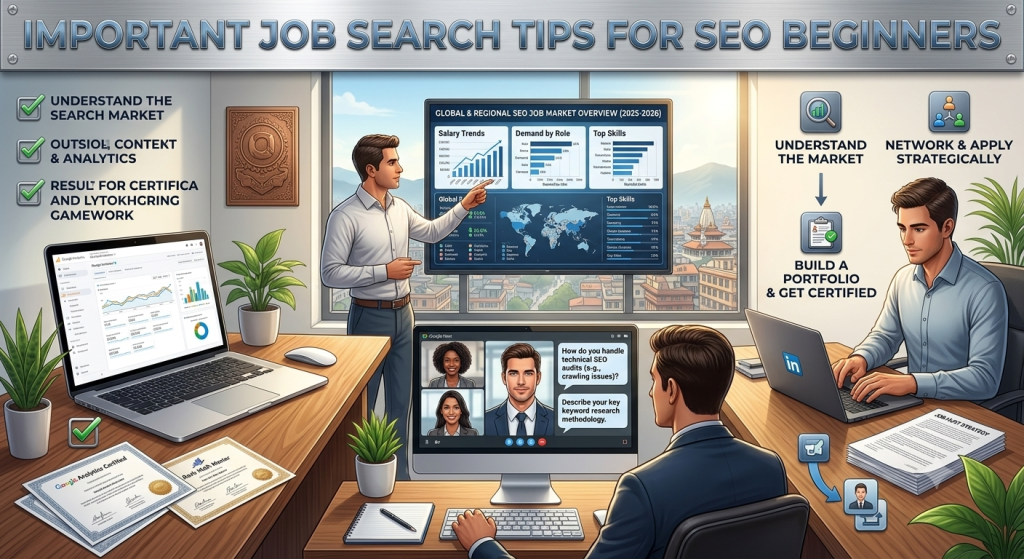 Important job search tips for SEO beginners infographic showing market trends and portfolio strategy