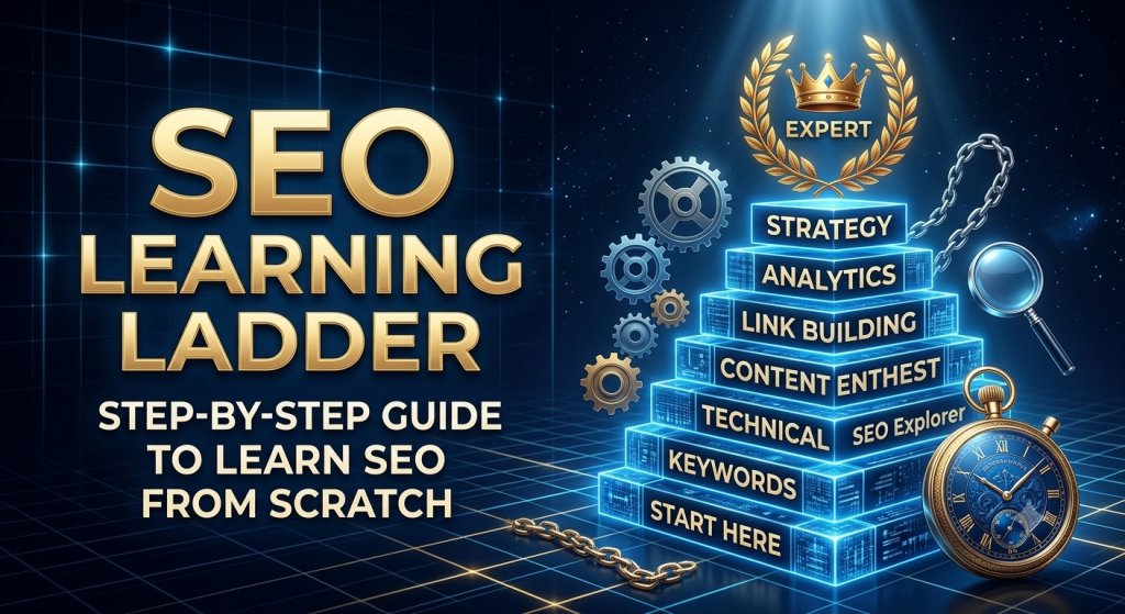 SEO learning ladder infographic showing a step-by-step roadmap to learn SEO from scratch.