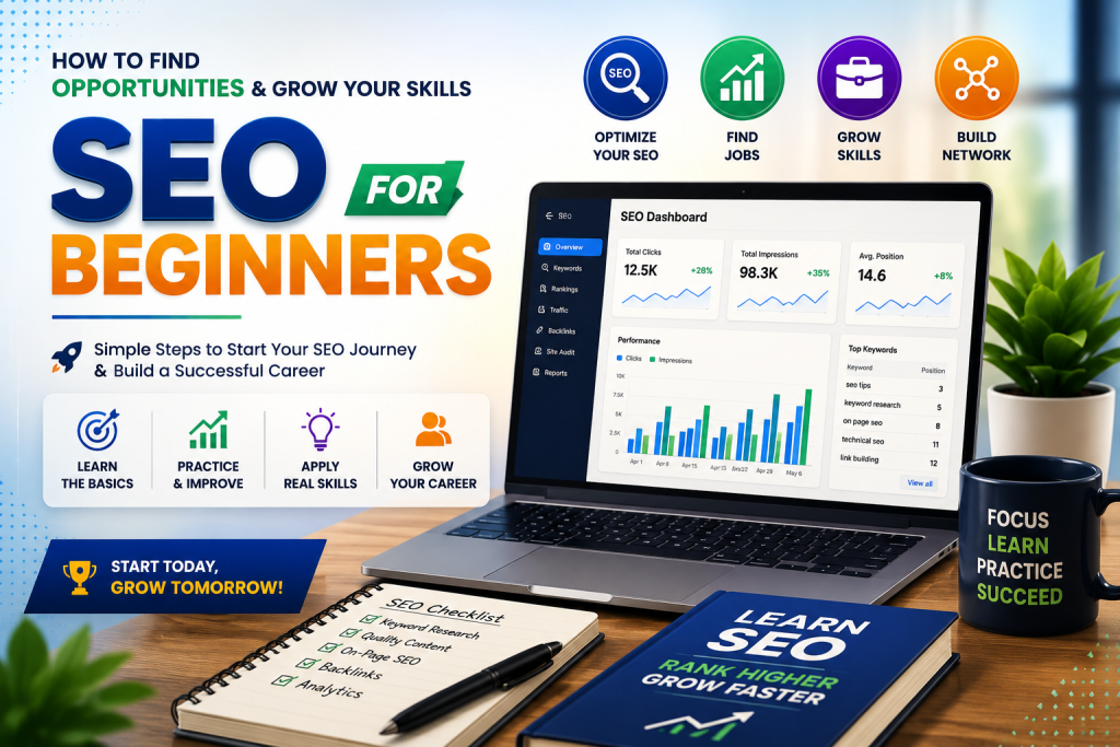 SEO tutorial for beginners showing an SEO dashboard, keyword research, analytics, and career growth tips
