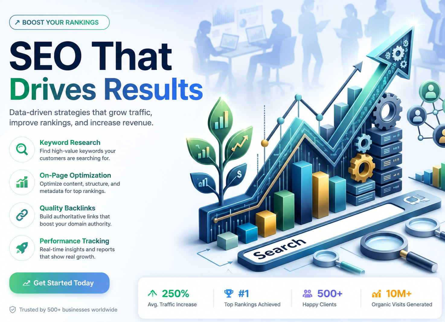 Illustration showing SEO performance improvement, higher Google rankings, and business growth through professional SEO services in Nepal.